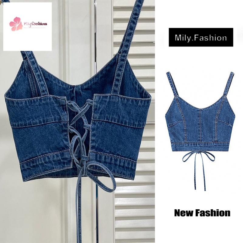 Áo Denim Hai Dây Mỏng Dáng Ôm Thời Trang Mùa Hè Dành Cho Nữ