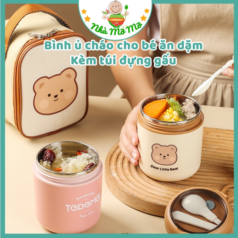 Bình ủ cháo hình gấu cho bé ăn dặm cốc đựng canh giữ nhiệt Inox 304 không gỉ Hàng cao cấp Nhà mỡ mỡ