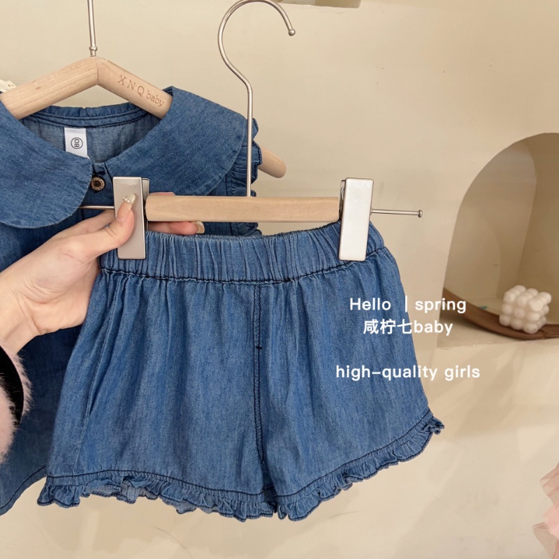 Bộ Áo Sơ Mi + Quần Short Denim Không Tay Thời Trang Mùa Hè Hàn Quốc 2023 Dành Cho Bé Gái
