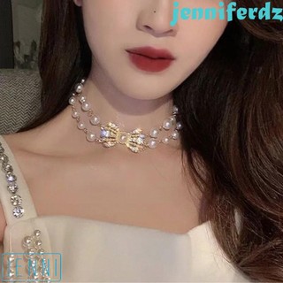 Vòng Cổ Choker Thiết Kế Hai Lớp Đính Nơ Hạt Ngọc Trai Thời Trang Nữ