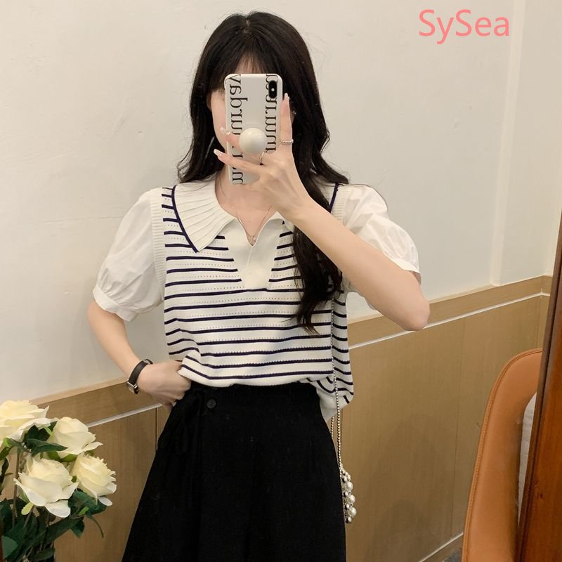 Áo Sơ Mi Dệt Kim Tay Phồng Họa Tiết Kẻ Sọc Thời Trang Mùa Hè Cho Nữ
