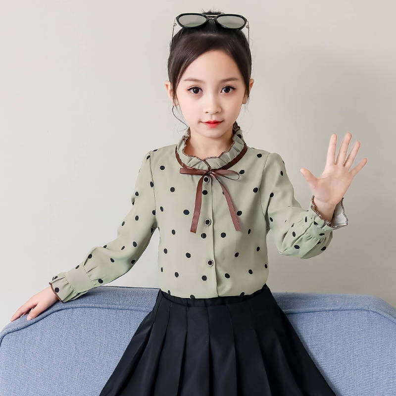 Áo Chiffon Tay Dài Họa Tiết Chấm Bi 110-160cm Cho Bé Gái Từ 2-13 Tuổi