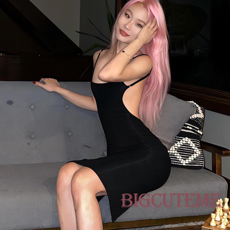 [] - Đầm Hai Dây Màu Đen Trơn Hở Lưng Xẻ Tà Điều Chỉnh Được Thời Trang Mùa Hè Cho Nữ