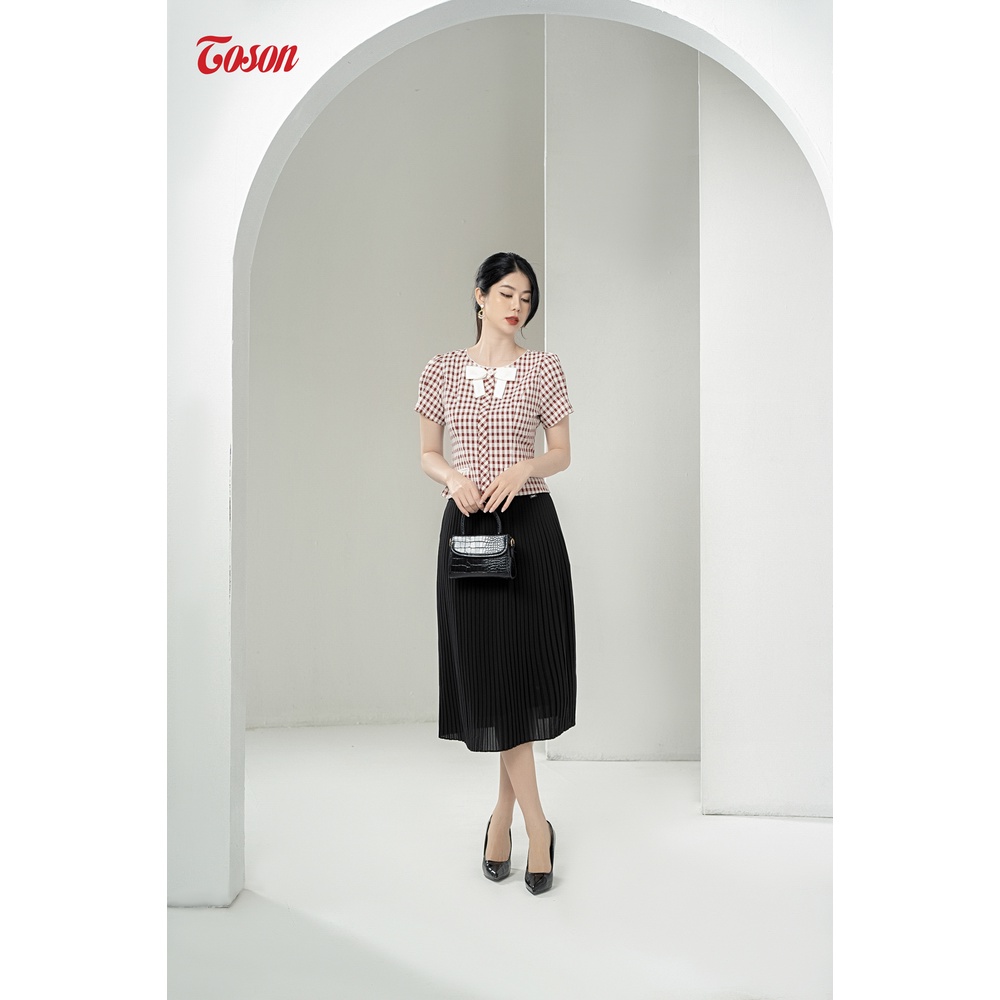 Áo sơ mi linen kẻ ô đỏ đậm - trắng cổ đính nơ trắng Limitted 14022Z93 Toson