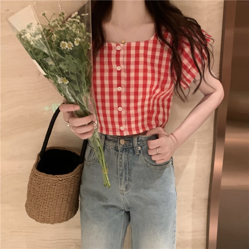 Áo sơ mi SUXI tay dài ống loe họa tiết sọc caro phong cách cổ điển thời trang cho nữ