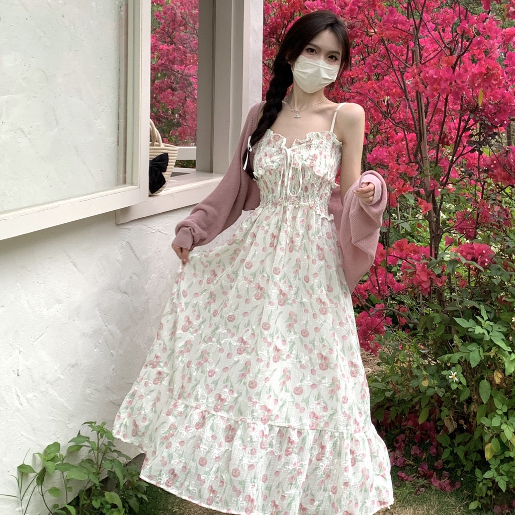 Set Đầm Hai Dây Họa Tiết Hoa Và Áo Khoác Cardigan Thời Trang Xuân Thu Cho Nữ