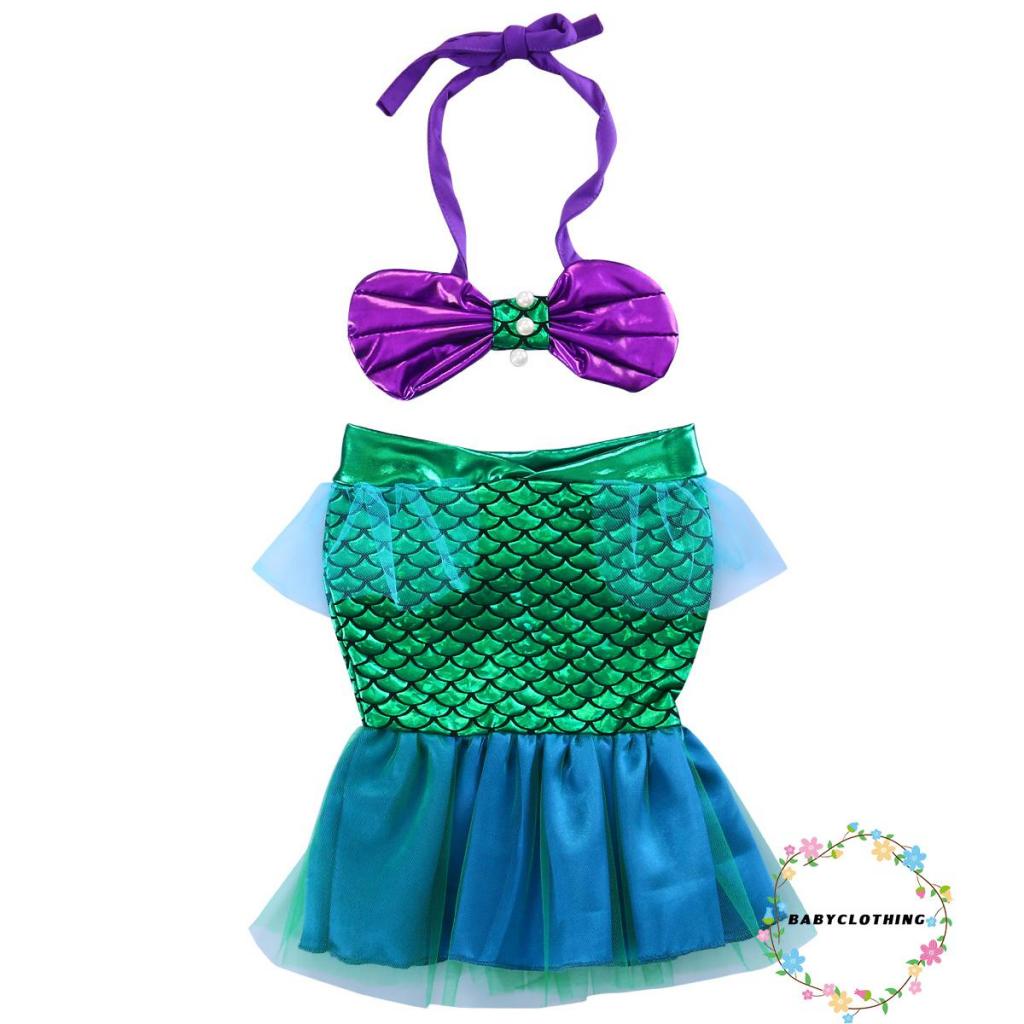 Bộ Bikini 2 Mảnh Vỏ Sò Đính Ngọc Trai + Đuôi Nàng Tiên Cá Xinh Xắn Cho Bé Gái