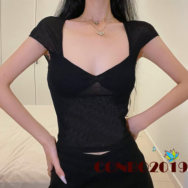 Áo Thun Crop Top Tay Ngắn Cổ Chữ V Màu Đen Trơn Thời Trang Xuân Hè Cho Nữ