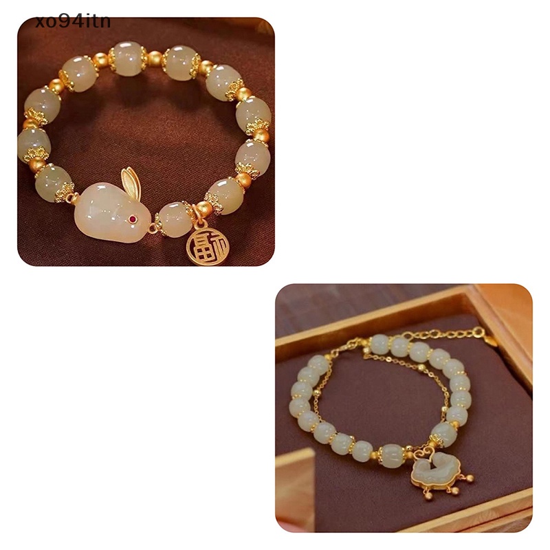 Vòng Tay Hạt Tròn Phối Mặt Hình Thỏ Phong Cách Trung Hoa Cổ Điển