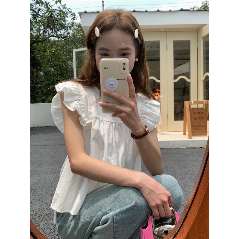 SUXI Áo Sơ Mi Tay Ngắn Ống Loe Màu Sắc Ngọt Ngào Phong Cách Hàn Quốc