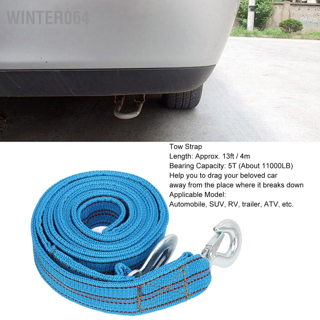 Winter064 Dây kéo có móc Chiều dài 13ft Tải trọng 5 tấn Chất liệu nylon cường độ cao dành cho ô tô SUV RV Trailer ATV