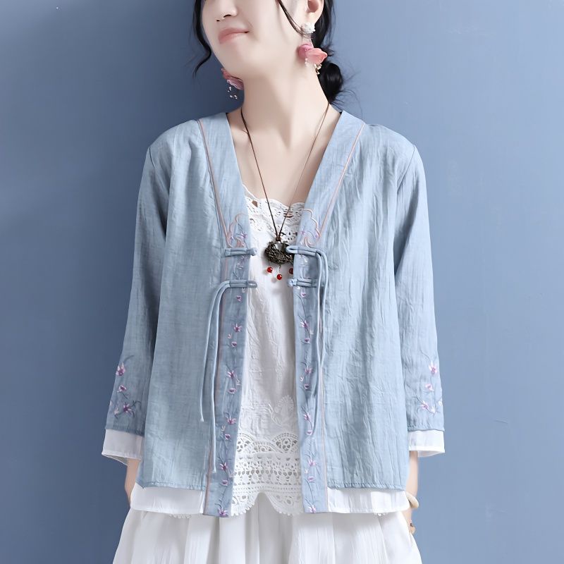 Áo Khoác Cardigan Cotton Ba Lỗ Cài Nút Thêu Hoa Phong Cách Trung Hoa Cổ Điển Dành Cho Nữ