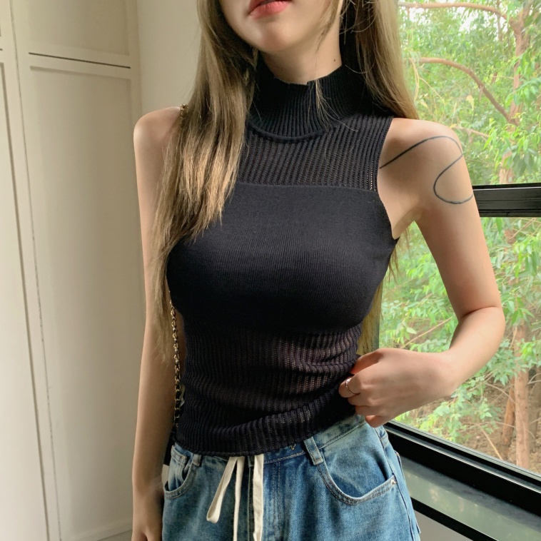 COZOK Áo Dệt Kim Sát Nách Cổ Cao Phối Lưới Quyến Rũ Cho Nữ