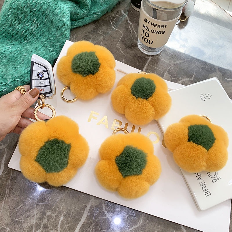 Móc Khóa Hình Hoa Hướng Dương Phối Lông Thỏ Xinh Xắn