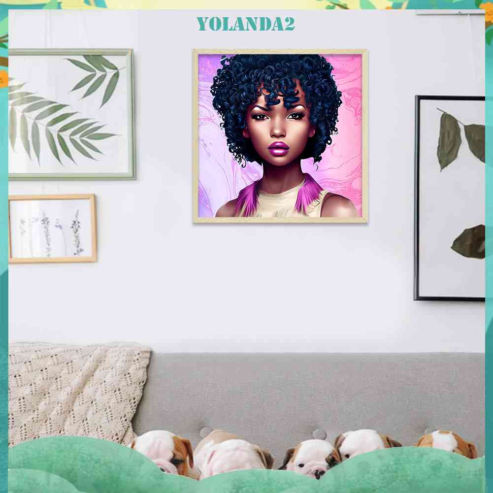 Bộ Tranh Đính Đá 5D Tự Làm Hình Cô Gái Tóc Xoăn Màu Đen Trang Trí Nhà Cửa