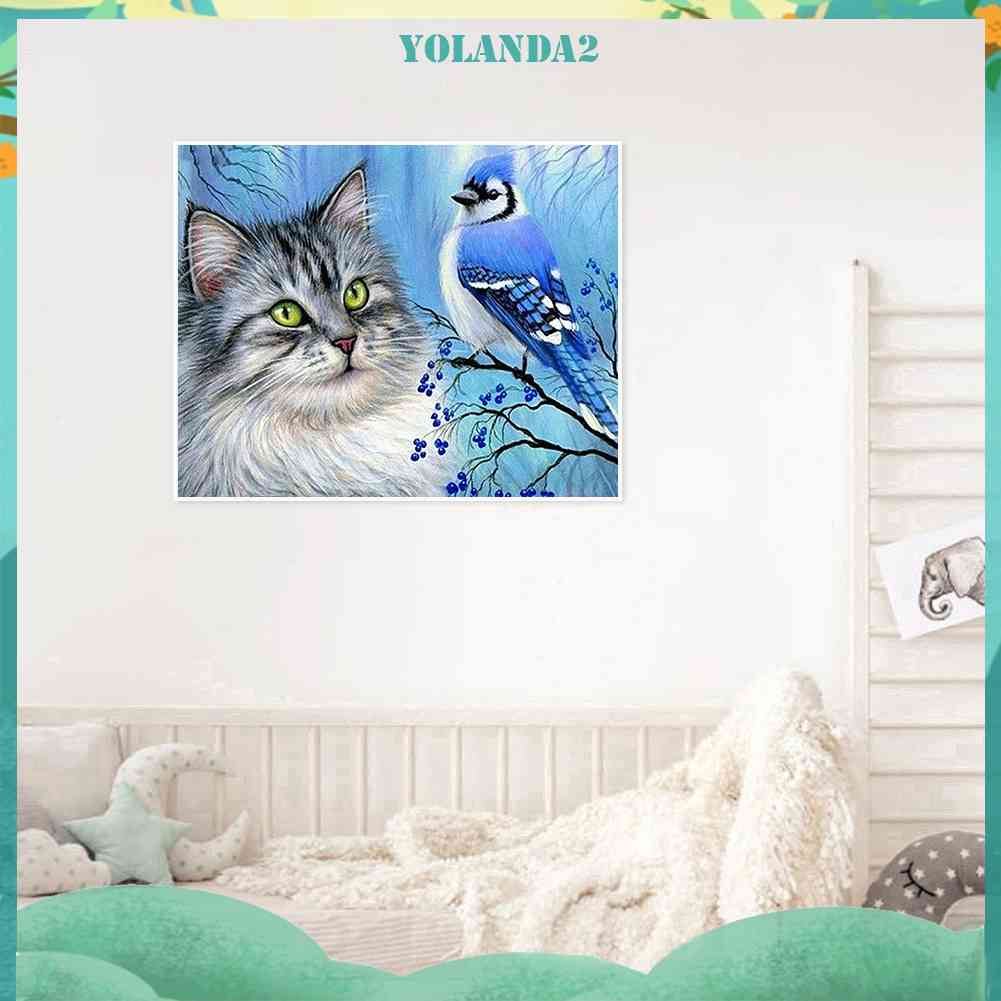 Bộ Tranh Đính Đá Toàn Diện Họa Tiết Mèo Và Chim Độc Đáo Trang Trí Nhà Cửa