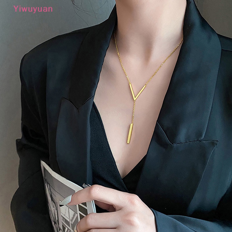 < Yiwuyuan > Vòng cổ Thép Không Gỉ Dáng Dài Mặt Chữ V Màu Vàng Đồng Gợi Cảm Cho Nữ Dự Tiệc Mới