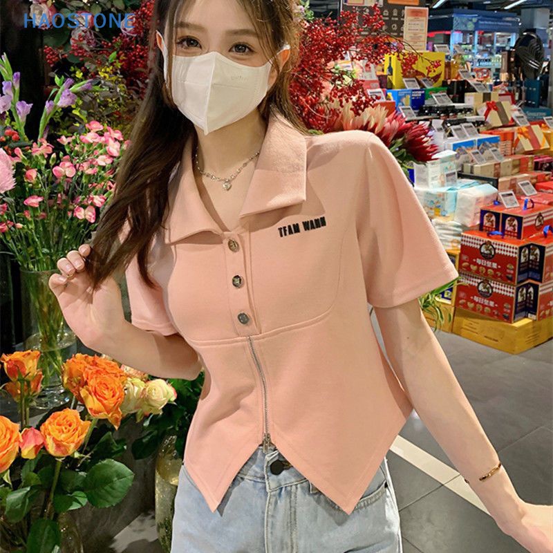 Áo Thun Crop Top Mỏng Tay Ngắn Có Dây Kéo Không Đều Sang Trọng Thời Trang Mùa Hè Cho Nữ MCL