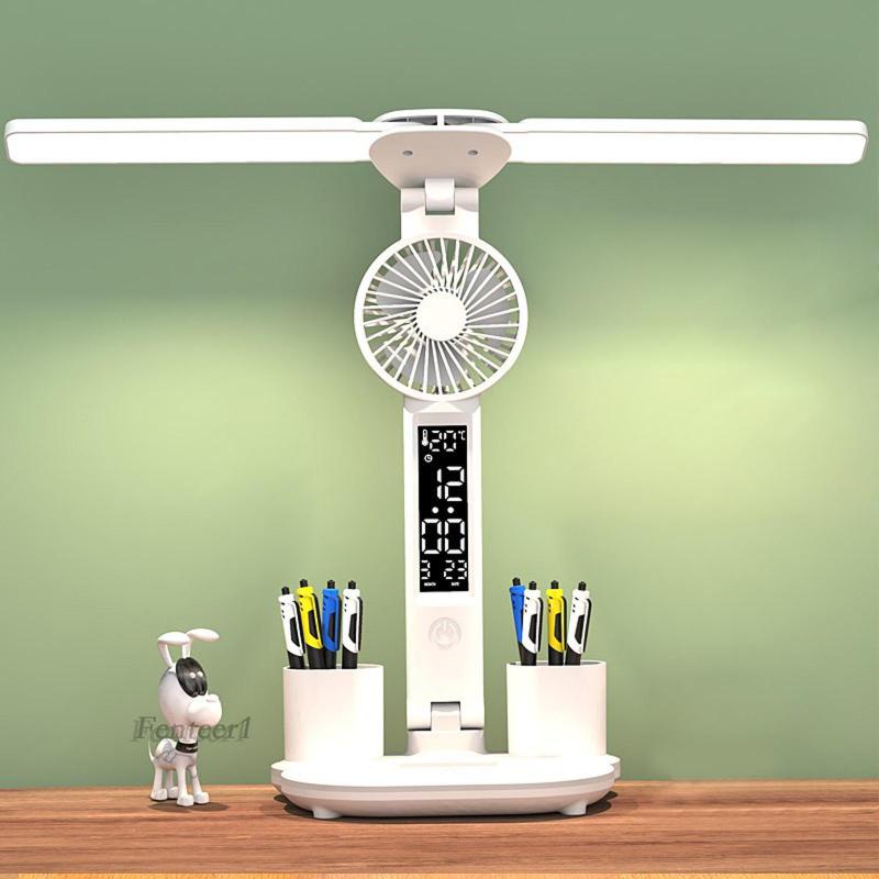[Fenteer1] Đèn Bàn Kèm Giá Đỡ Bút Chì Và Quạt Hai Đầu USB Đèn LED Để Bàn Văn Phòng