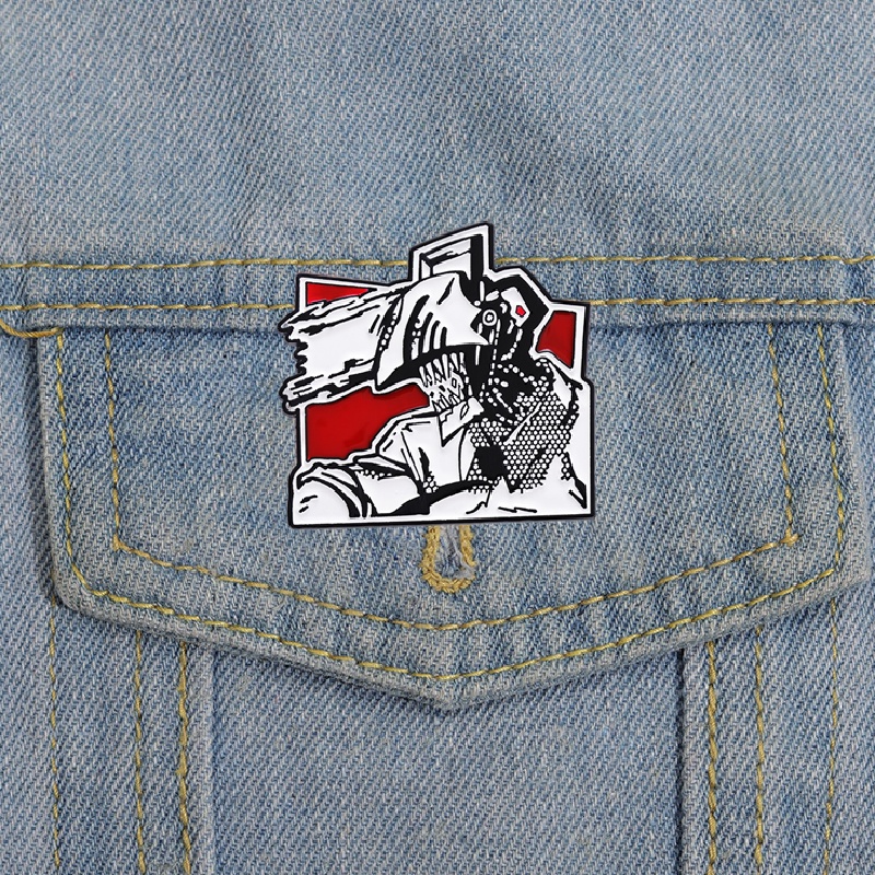 Huy Hiệu Cài Áo Kim Loại Tráng Men Họa Tiết Hoạt Hình Người Cưa Xích Hoạt Hình Màu Trắng Đen Sáng Tạo