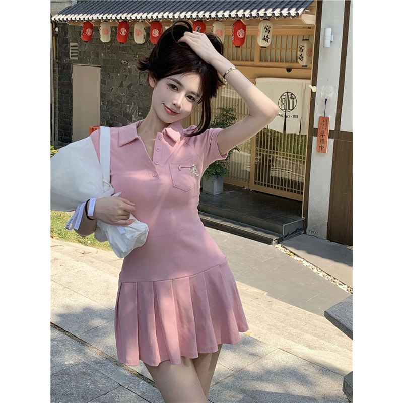 Đầm Tay Ngắn Cổ polo Ôm Eo Mỏng Thời Trang Mùa Hè 2023 Mới Cho Nữ