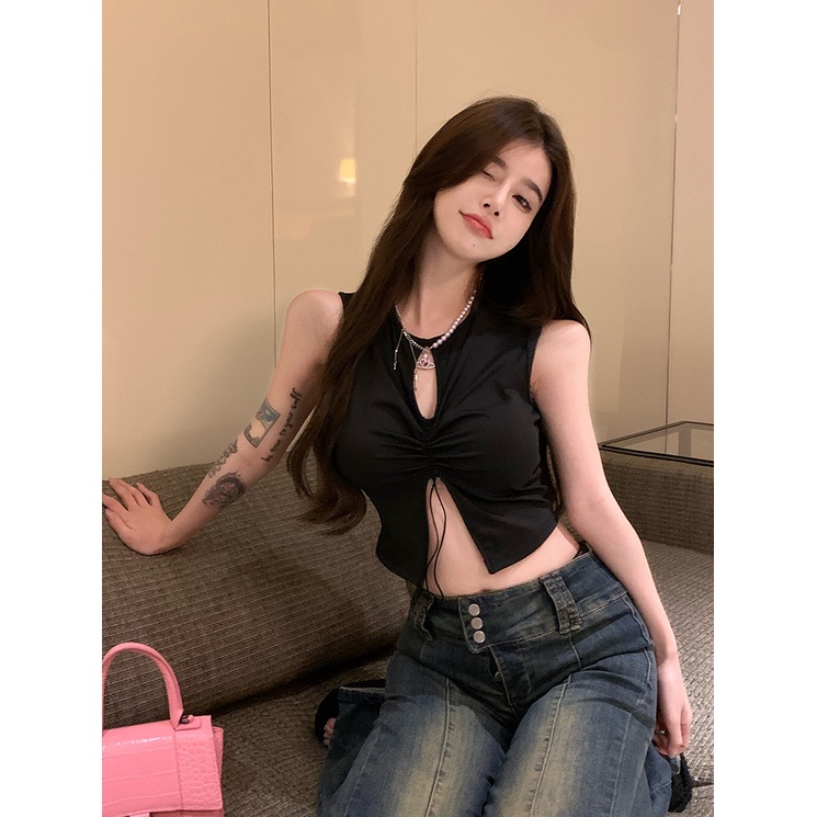 COZOK Áo Hai Dây Dáng Ngắn Form Ôm Thiết Kế Xếp Ly Cột Dây Quyến Rũ