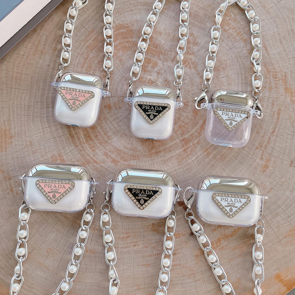 Vỏ Bảo Vệ Hộp Sạc Tai nghe không dây AirPods 1 2 3 Pro2 2022 Bằng tpu Mềm Trong Suốt Chống Sốc Hình Tam Giác Phối Dây Xích Bạc Thời Trang