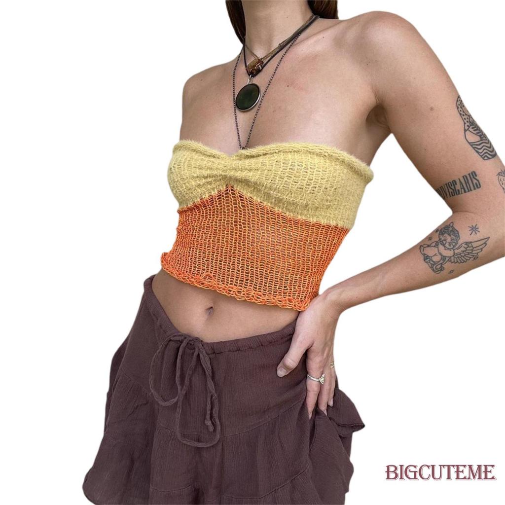 Áo Ống Dệt Kim Mini Không Tay Màu Sắc Tương Phản Thời Trang Mùa Hè Dành Cho Nữ