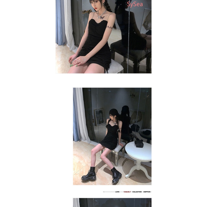 Đầm Dây Rút Màu Đen Thời Trang Mùa Hè Quyến Rũ Cho Nữ