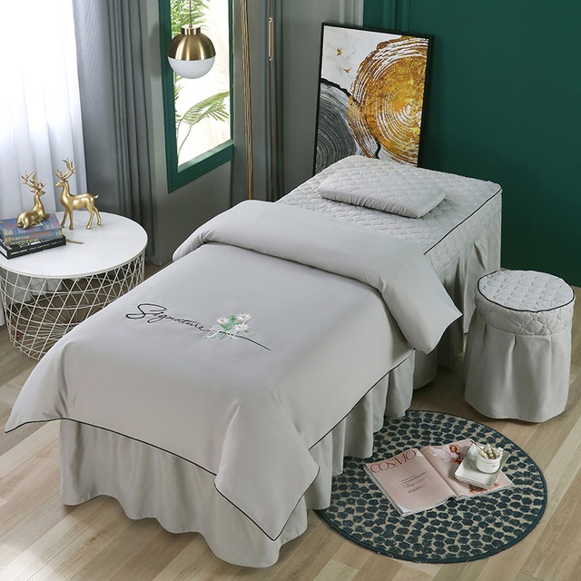 Bộ 4 Món Ga Trải Giường + Vỏ Gối + Vỏ Chăn + Ga Trải Giường Thêu Hoa Cúc Cho Salon Làm Đẹp