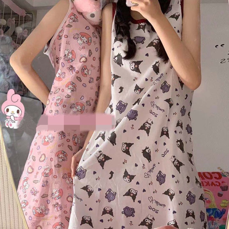 Đầm Ngủ Mỏng Mùa Hè Dáng Rộng Cổ Tròn Không Tay In Họa Tiết Kuromi Dễ Thương Phong Cách Nhật Bản