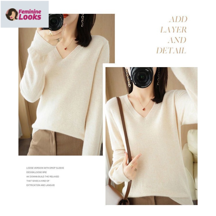 Áo Sweater Tay Dài Cổ Chữ V Màu Sắc Đơn Giản Cho Nữ