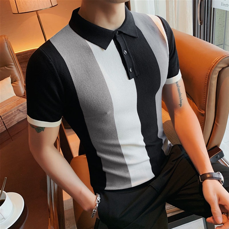 INCERUN Áo POLO Dệt Kim Tay Ngắn In Họa Tiết Màu Tương Phản Cá Tính