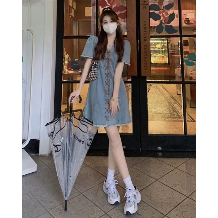 Đầm Denim Cổ Chữ V Tay Phồng Thời Trang Mùa Hè 2023 Phong Cách Mới Cho Nữ