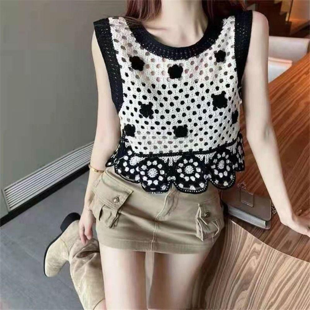 Áo Croptop Cotton Dệt Kim Không Tay In Hoa Dễ Thương Phong Cách Hàn Quốc Thời Trang Mùa Hè