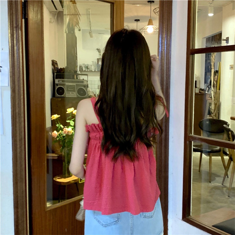 Áo Tank Top Sát Nách Màu Trơn Cổ Thắt Nơ Dáng Suông Thời Trang 2023