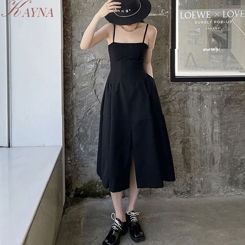 Đầm Hai Dây Màu Đen Lưng Cao Xẻ Tà Phong Cách Hepburn Cổ Điển Thời Trang Cho Nữ