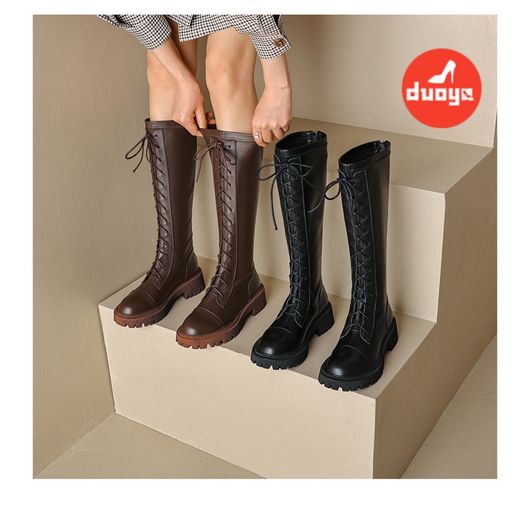 Duoya Tóc Thẳng ~ [Phong Cách] Giày Bốt Vớ Anh Quốc Mũi Tròn Gót Dày Có Khóa Kéo Bên Miễn Phí Vận Chuyển