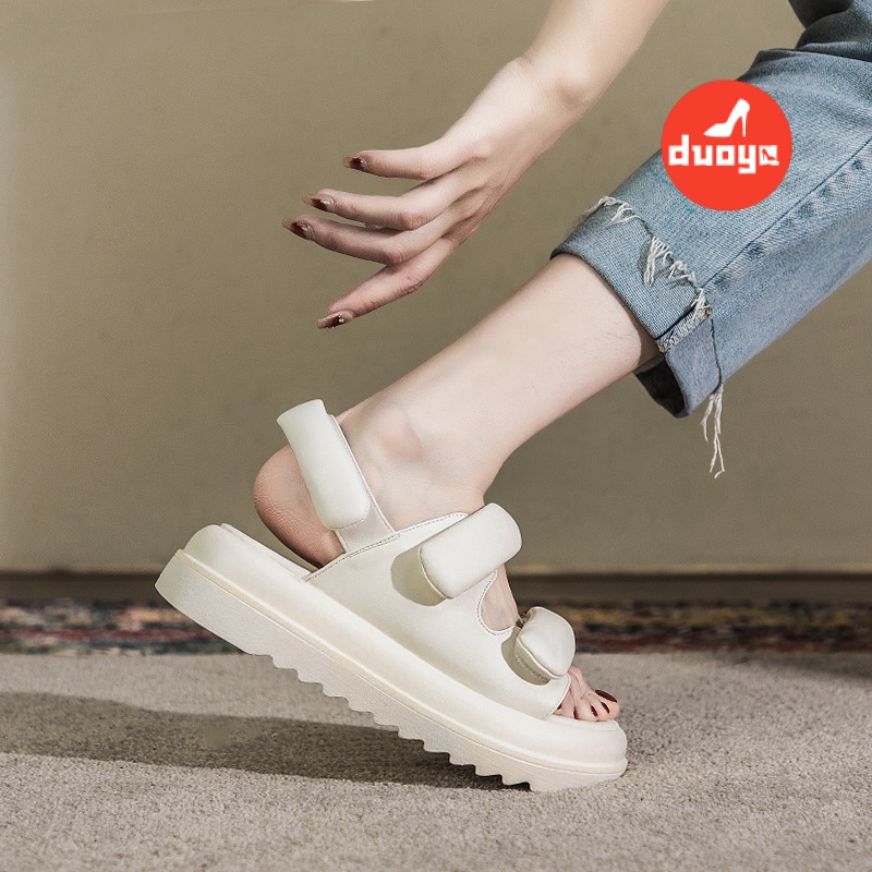 Duoya Tóc Thẳng ~ [Hàng Có Sẵn] Sandal Roman Khóa Dán Siêu Dày Mặc Ngoài Trời Nhỏ Bán Chạy Cho Nữ