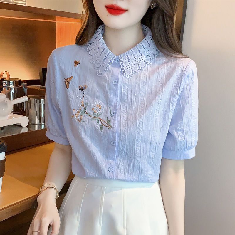 Áo Sơ Mi Cotton Mỏng Tay Ngắn Thêu Họa Tiết Thời Trang Mùa Hè 2023 Cho Nữ