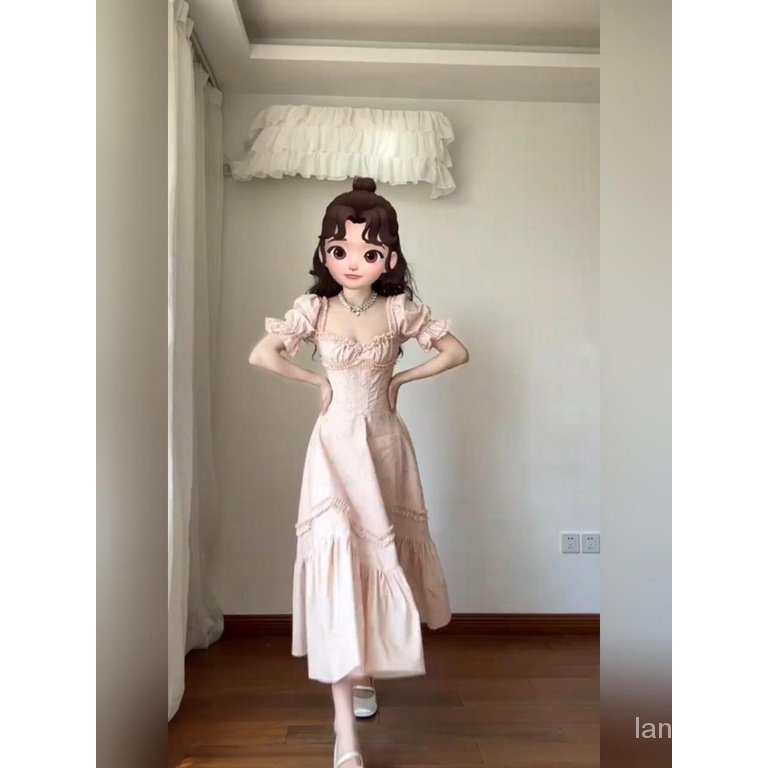 Đầm Công Chúa Dáng Dài Tay Phồng Cổ Vuông Họa Tiết Hoa Phong Cách Pháp Thời Trang Mùa Hè Cho Nữ