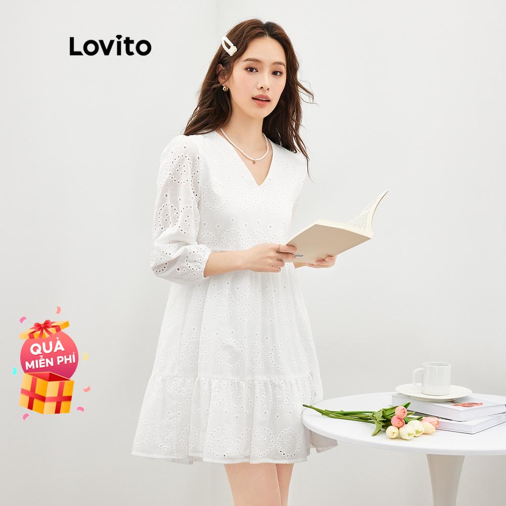 Lovito Casual Trơn Thắt Lỗ Thêu Ruffle Hem Women L39ED065 (Off White)