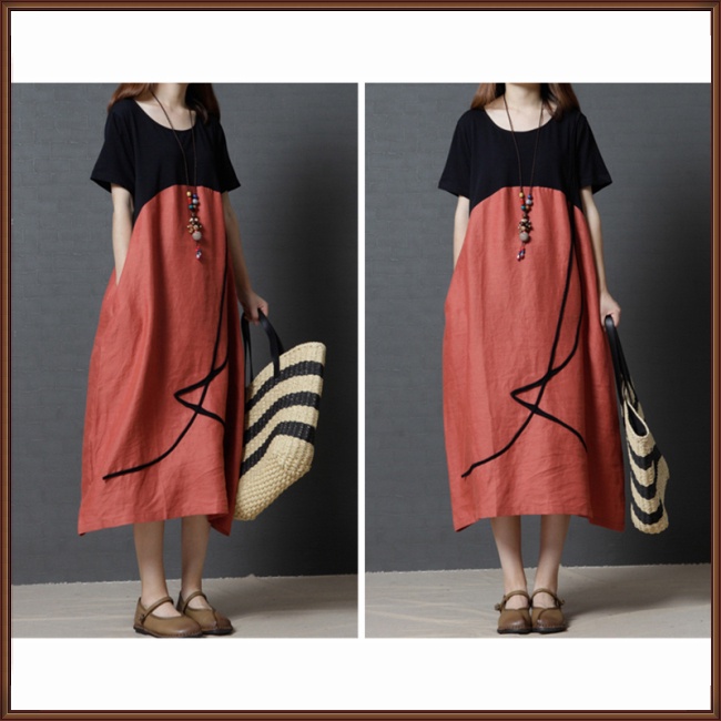 Đầm Cổ Tròn Size Lớn Phối Màu Thời Trang Mùa Hè Cho Nữ