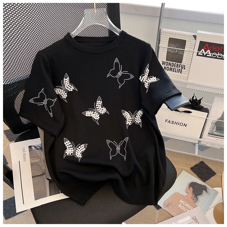 Áo Thun Dệt Kim Tay Ngắn In Hình Bướm Đính Hạt Thời Trang Mùa Hè Cho Nữ