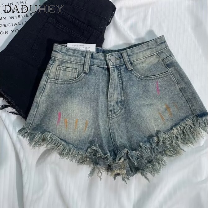 Quần đùi denim DADUHEY dáng chữ A viền thô co giãn size lớn pcp Hàn Quốc mới