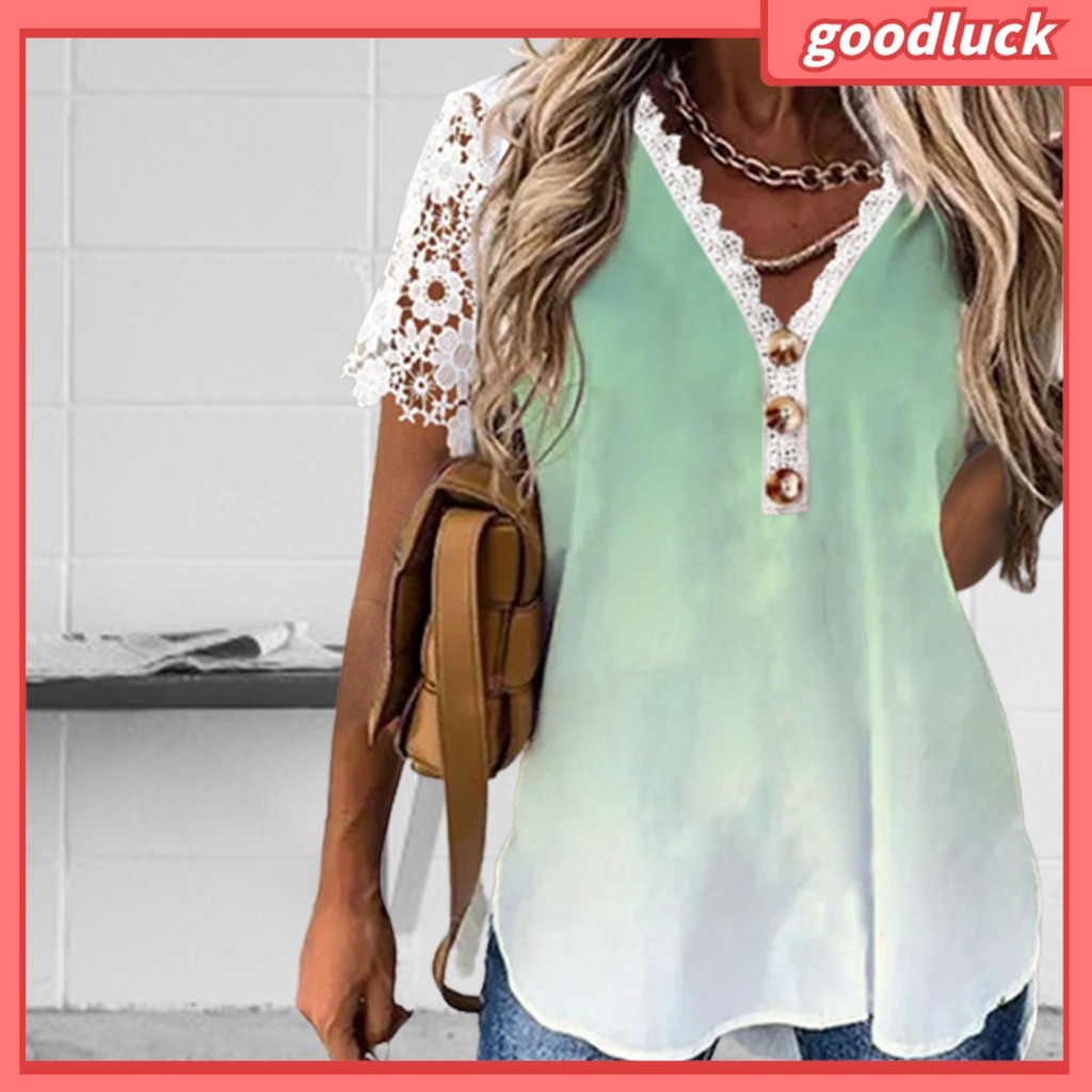 [ULK] Áo Sơ Mi Tay Ngắn Cổ Chữ V Phối Ren Màu Sắc Gradient Dành Cho Nữ Mặc Hàng Ngày