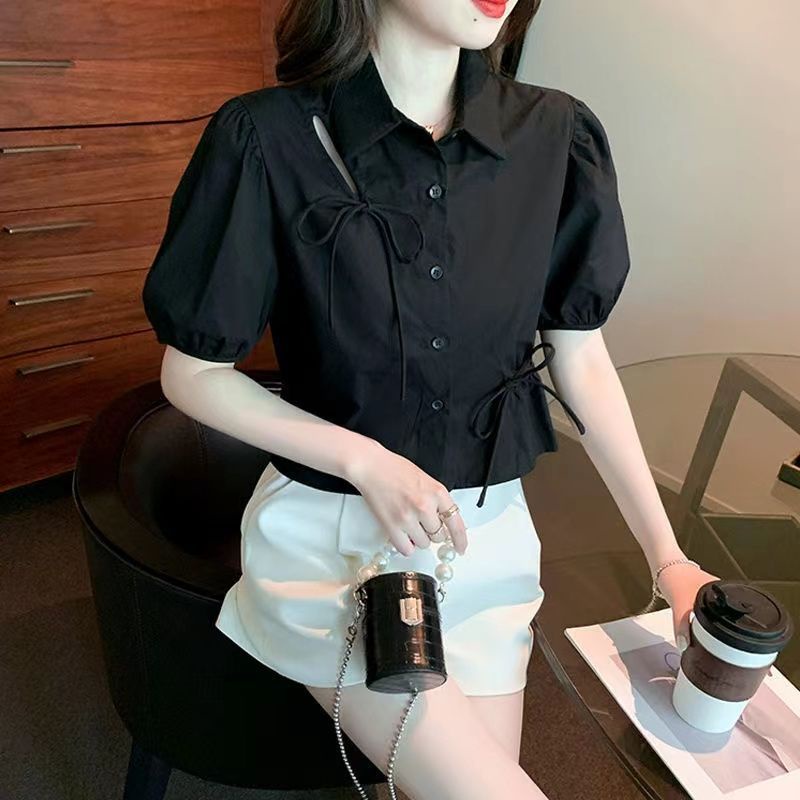 Áo Sơ Mi Tay Ngắn Phồng Ngắn Phối Dây Rút Thời Trang Mùa Hè Hàn Quốc Mới Cho Nữ
