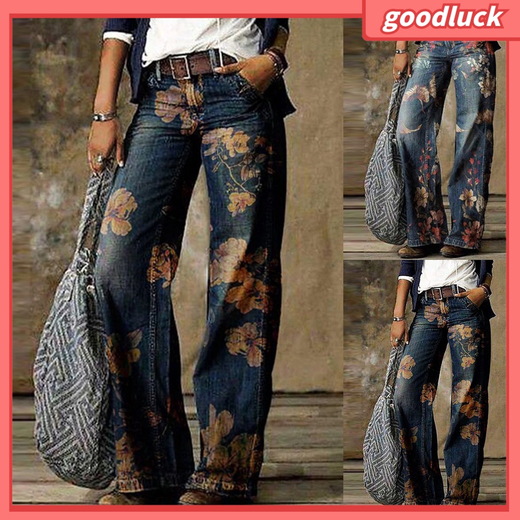 Quần Jean Dài Ống Rộng Lưng Cao In Họa Tiết Hoa Phong Cách Cổ Điển Thời Trang Cho Nữ
