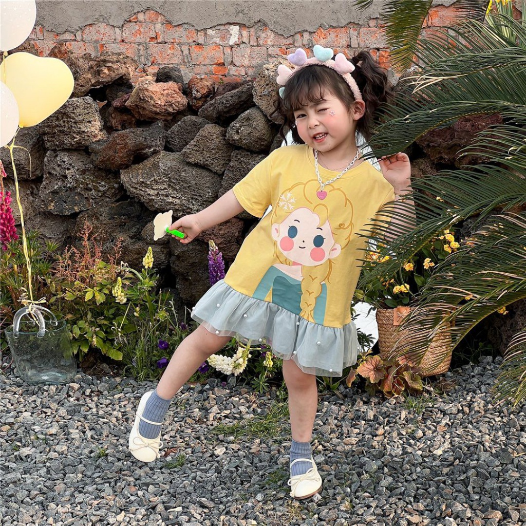 Đầm Công Chúa Mùa Hè Tay Cộc Dáng Suông Phối Lưới In Họa Tiết Hoạt Hình