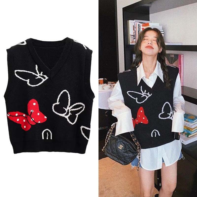 Áo Dệt Kim Không Tay Cổ Chữ V Màu Đen Phong Cách Nhật Bản